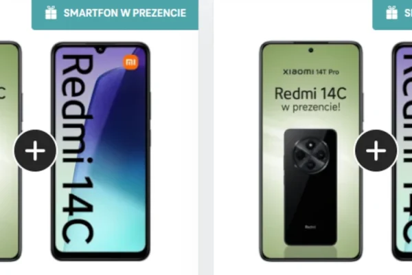 grafika przedstawiająca promocję, w której otrzymasz drugi smartfon Xiaomi w prezencie za 0 zł w T-Mobile