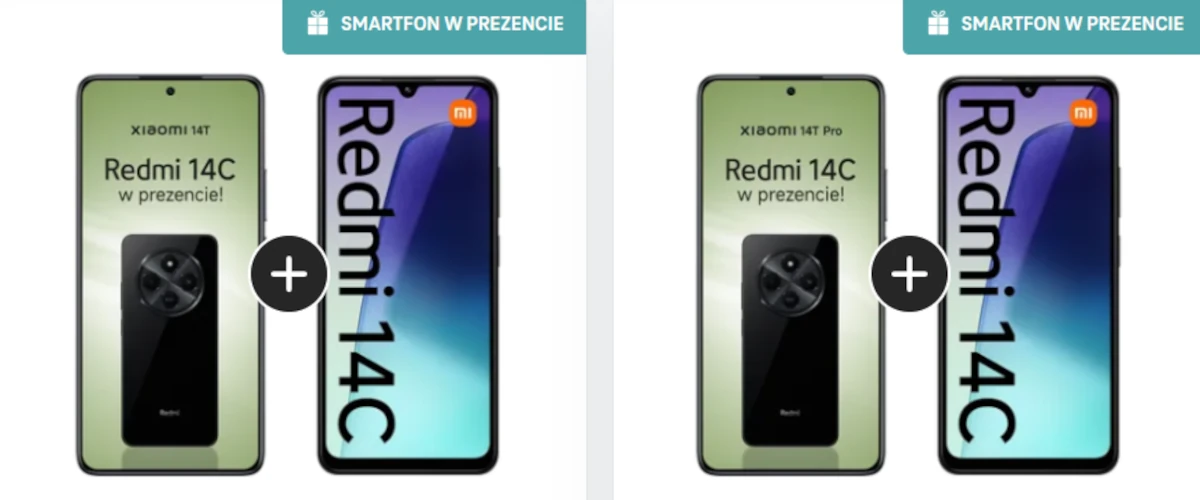 grafika przedstawiająca promocję, w której otrzymasz drugi smartfon Xiaomi w prezencie za 0 zł w T-Mobile