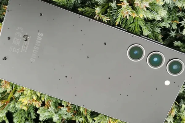 zdjęcie przedstawiające smartfona Samsung Galaxy S23 w czarnym kolorze leżącym na ekranie na zielonych gałązkach