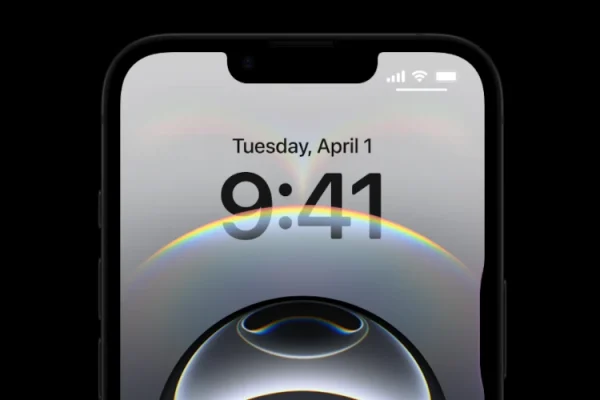 grafika przedstawiająca iPhone'a 16e z włączonym ekranem na czarnym tle