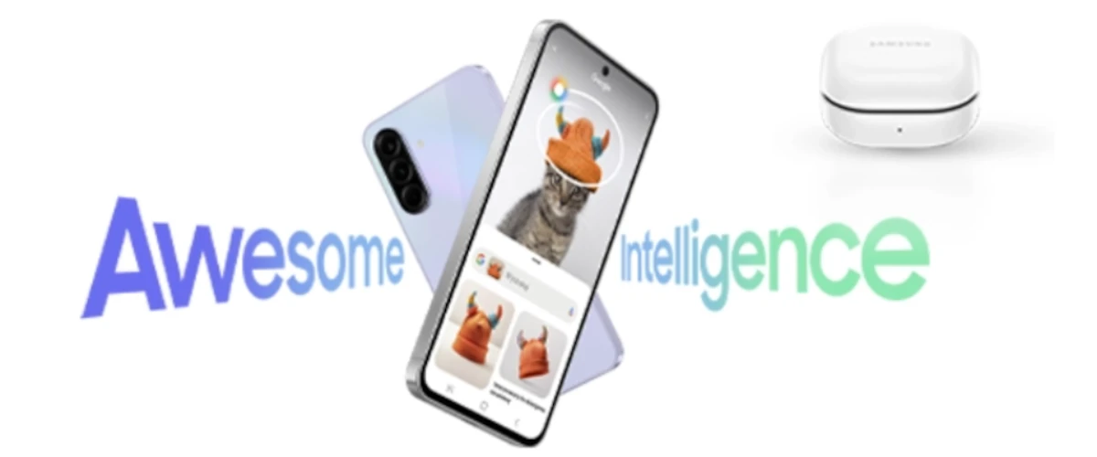 grafika przedstawiająca smartfona Samsung Galaxy A56 w promocji przedsprzedażowej ze słuchawkami