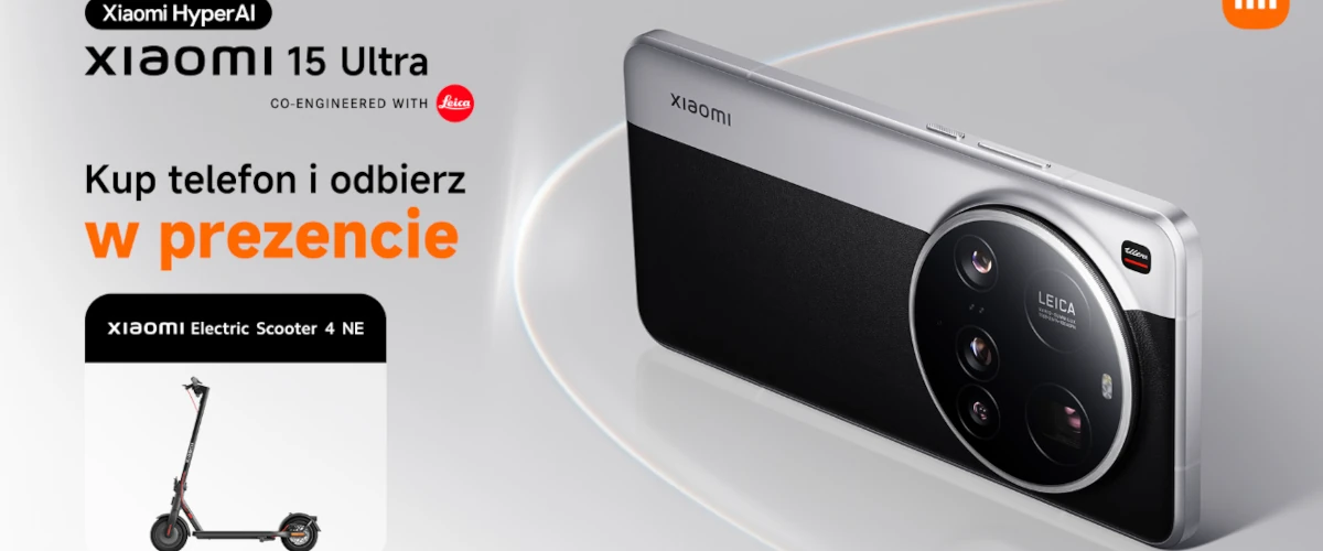 grafika przedstawiająca smartfona Xiaomi 15 Ultra w promocji z hulajnogą Xiaomi Scooter 4 NE