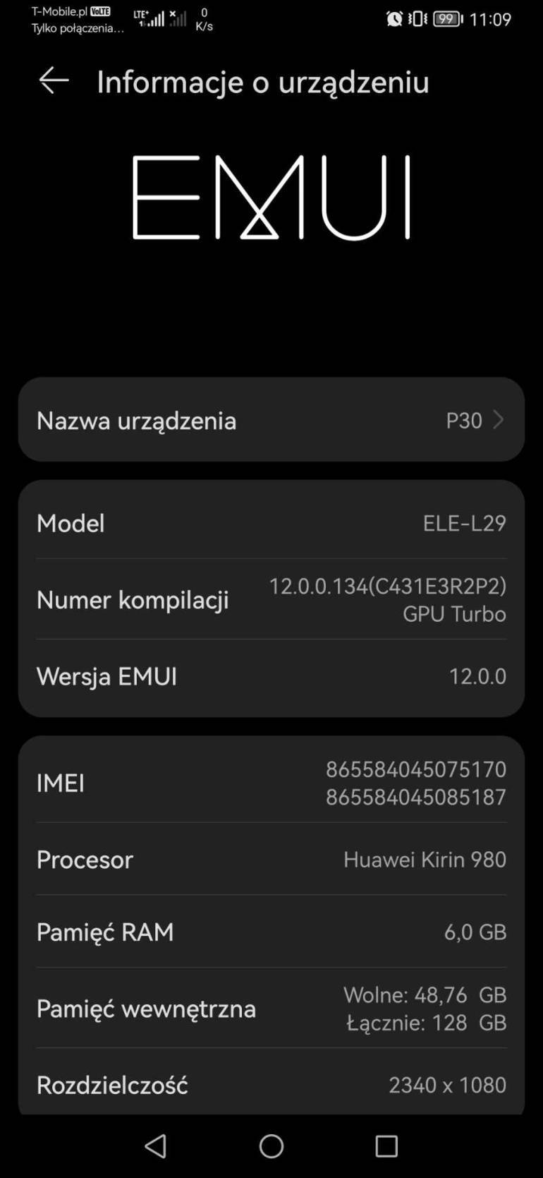 screen z telefonu Huawei P30 pokazujący menu w ustawieniach z nazwą telefonu