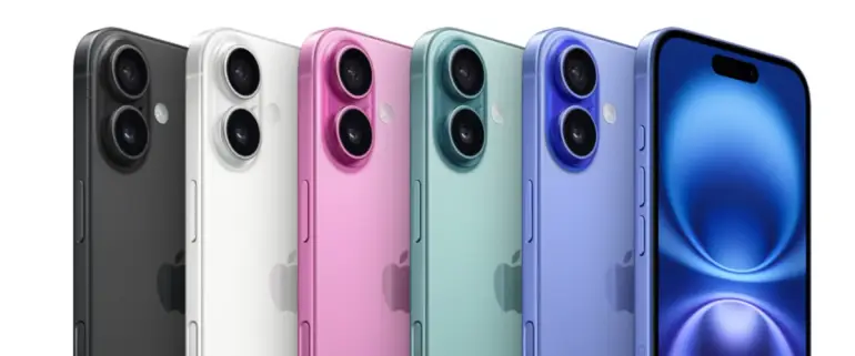 grafika przedstawiająca smartfony iPhone 16 w 5 różnych wersjach kolorystycznych