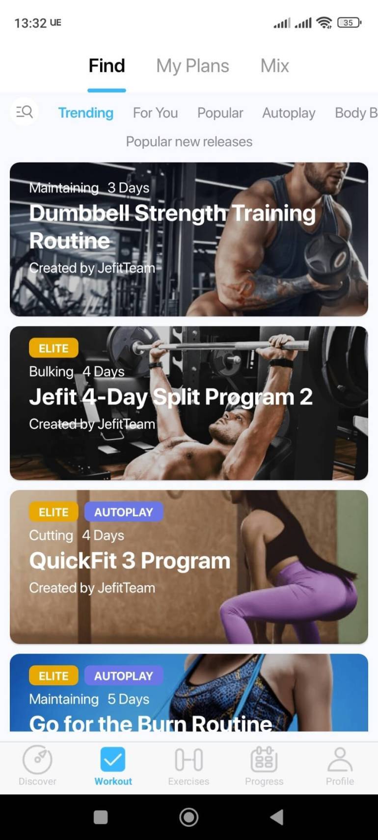 screen z telefonu przedstawiający aplikację fitness JEFIT Gym