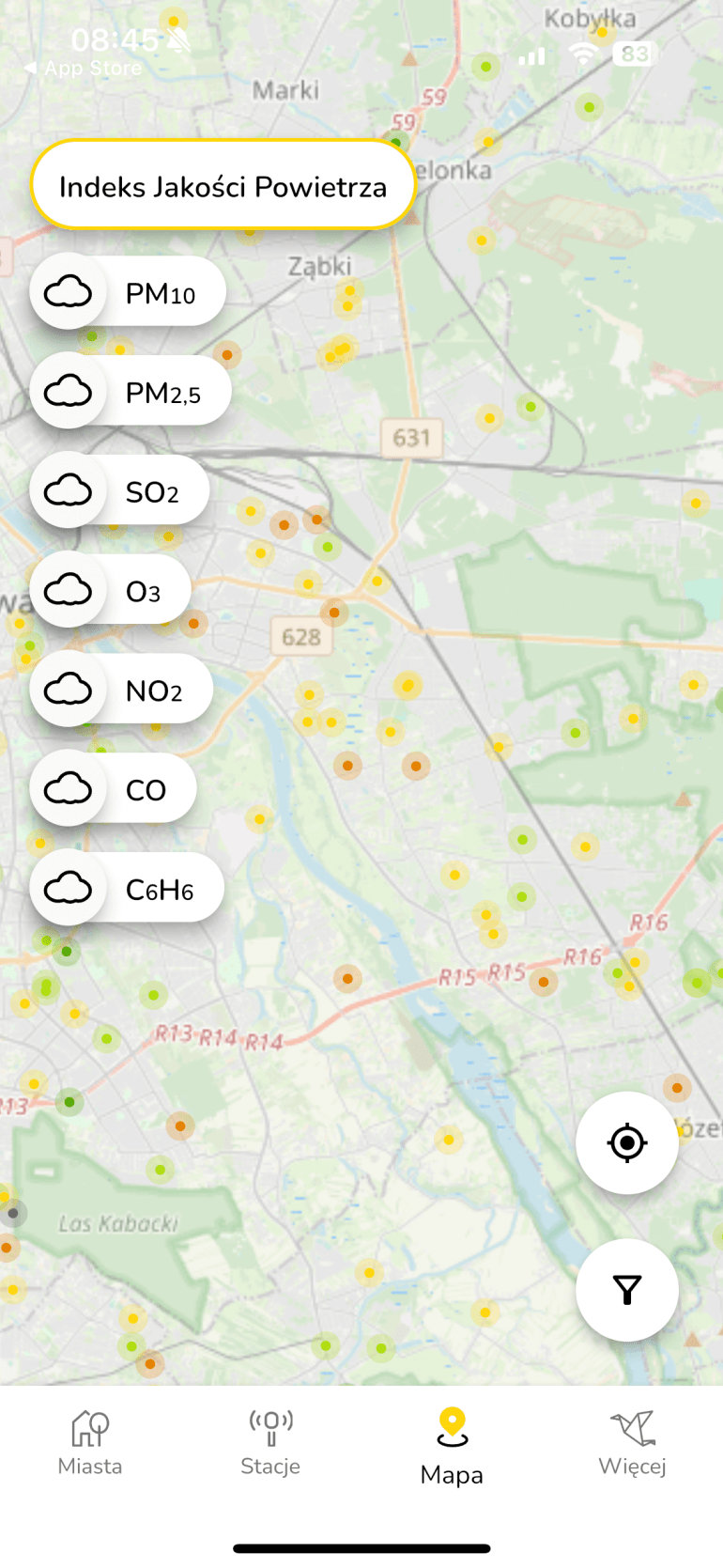 grafika przedstawiająca screen z aplikacji na telefon badającej jakość powietrza