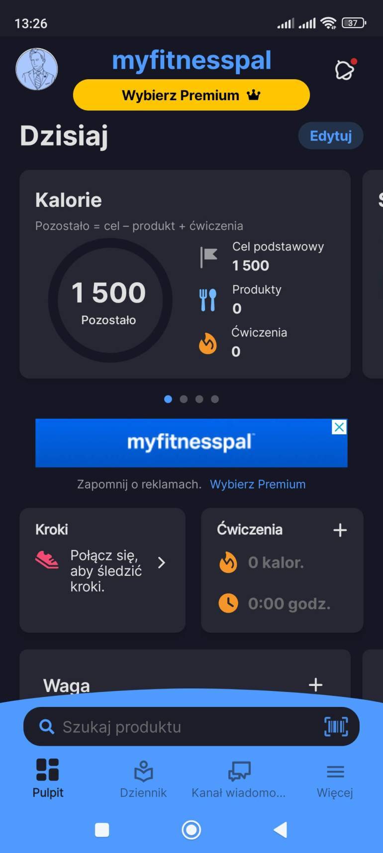 screen z telefonu przedstawiający aplikację fitness MyFitnessPal