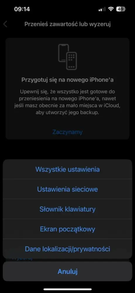 screen z resetowania iPhone'a