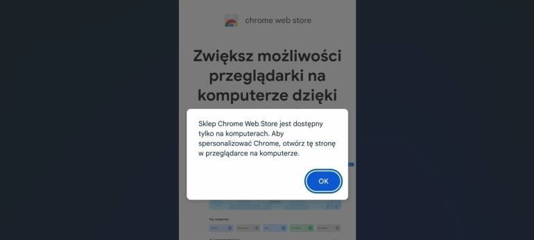 grafika przedstawiająca screen z procesu pobierania i instalacji wtyczki z Chrome Web Store na telefon
