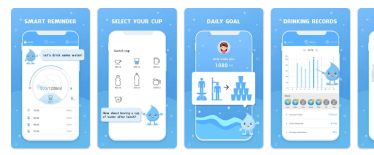 grafika z Google Play przedstawiająca zrzuty z aplikacji do nawadniania organizmu