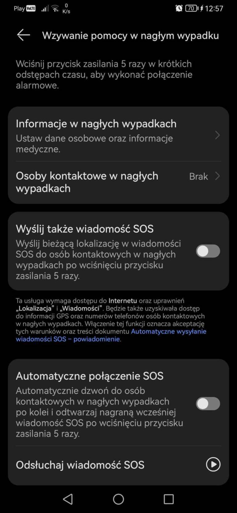 screen z telefonu Huawei P30 pokazujący opcję powiadomień SOS