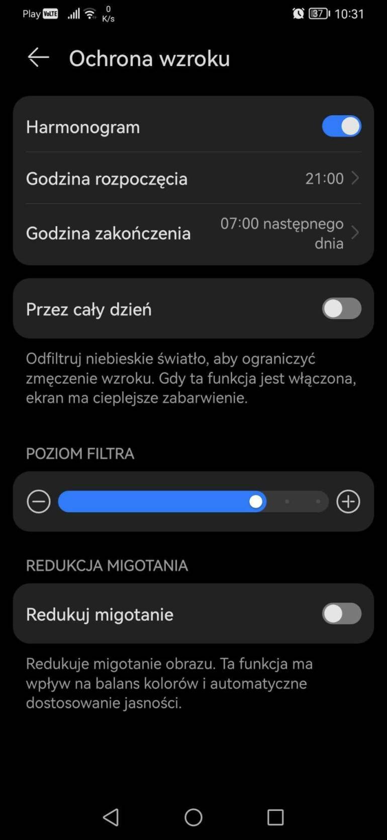screenshot z ustawień ekranu telefonu i filtrem światła niebieskiego