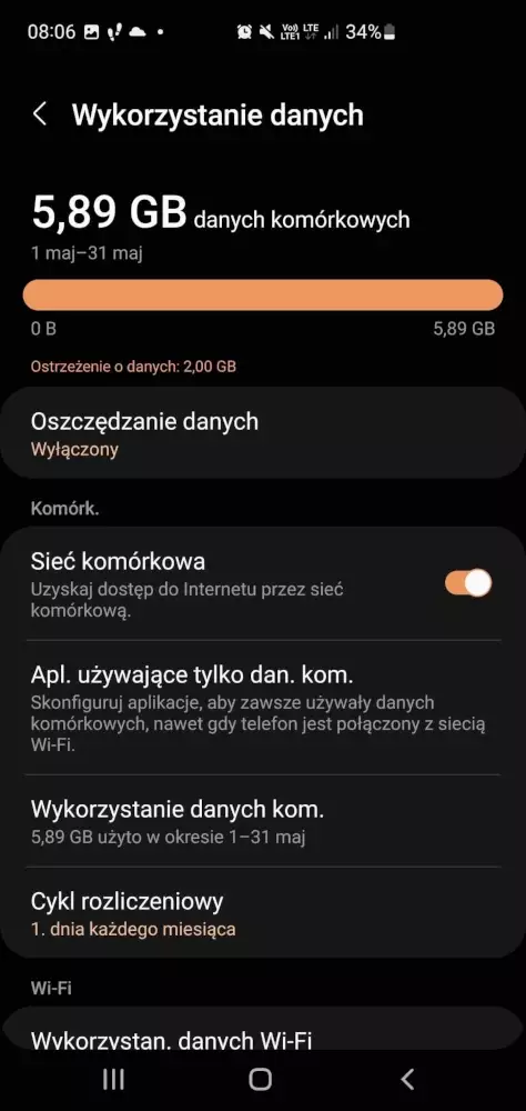 screenshot przedstawiający jak wyłączyć Internet w telefonie z Androidem
