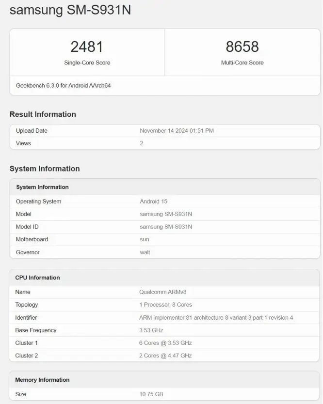 zrzut z ekranu przedstawiający wyniki testów syntetycznych smartfona Samsung Galaxy S25 w Geekbench