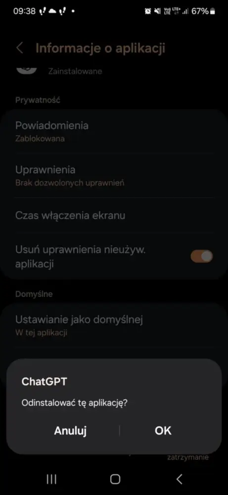 screen z ekranu odinstalowania aplikacji na telefonie z Androidem