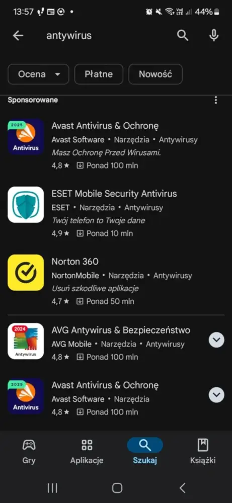 screen ze sklepu Google Play z antywirusami na Androida