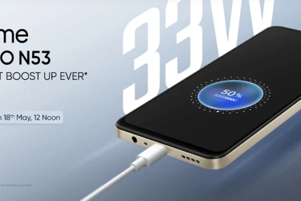 grafika prezentująca smartfona realme Narzo N53 z szybkim ładowaniem 33 W
