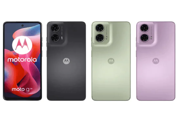 Grafika przedstawia smartfon motorola G24 w różnych konfiguracjach kolorystycznych