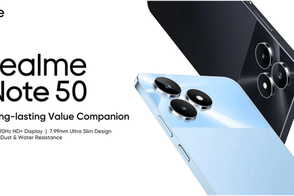 grafika realme note 50 przedstawiająca smartfona w dwóch kolorach z opisem elementów specyfikacji