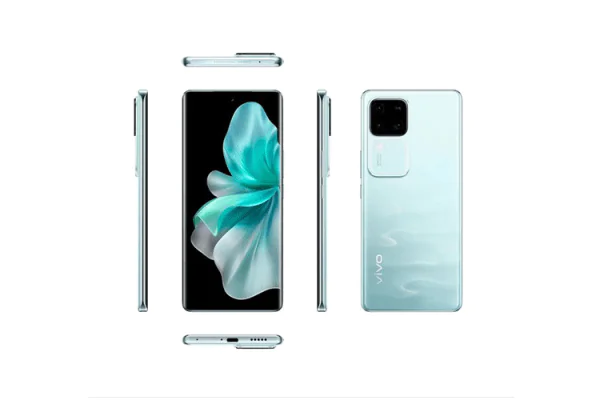 Grafika przedstawiająca różne rzuty smartfona vivo V30 5G w kolorze turkusowym