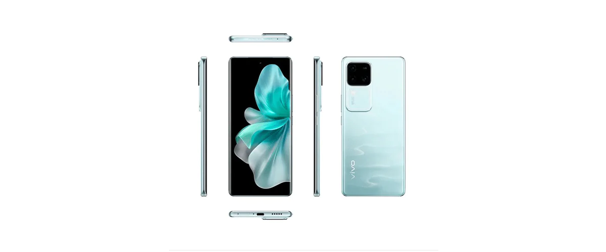 Grafika przedstawiająca różne rzuty smartfona vivo V30 5G w kolorze turkusowym