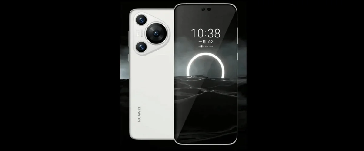 Grafika przedstawiająca prawdopodobny wygląd smartfona Huawei Pura 70 w białej wersji kolorystycznej