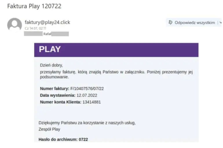 Play fałszywe faktury mail