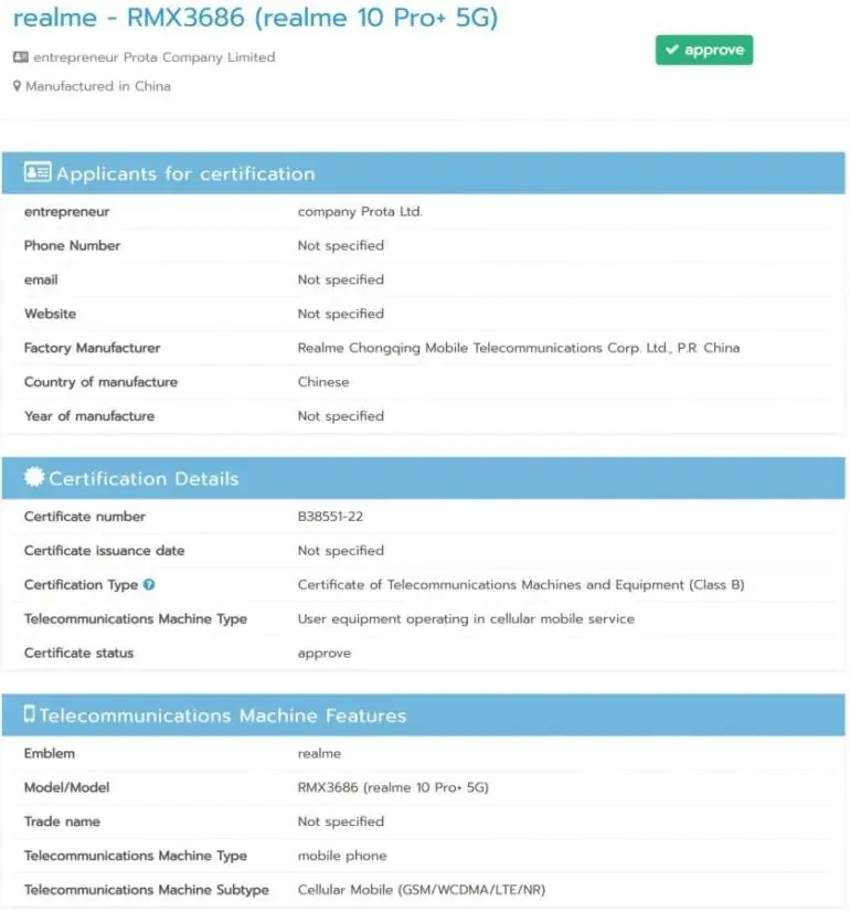 realme 10 Pro+ 5G certyfikat 5G