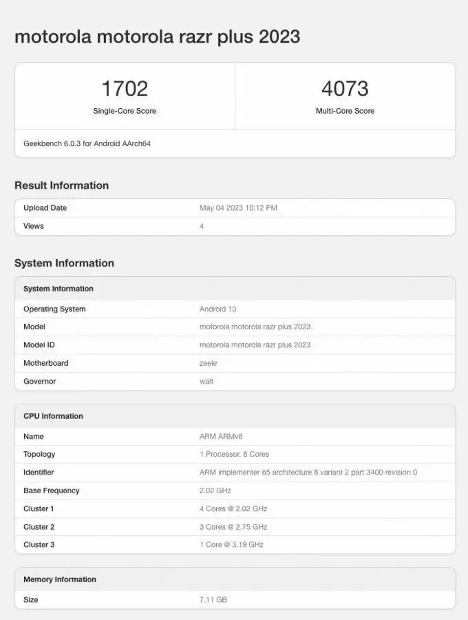 Motorola Razr+2023 Geekbench